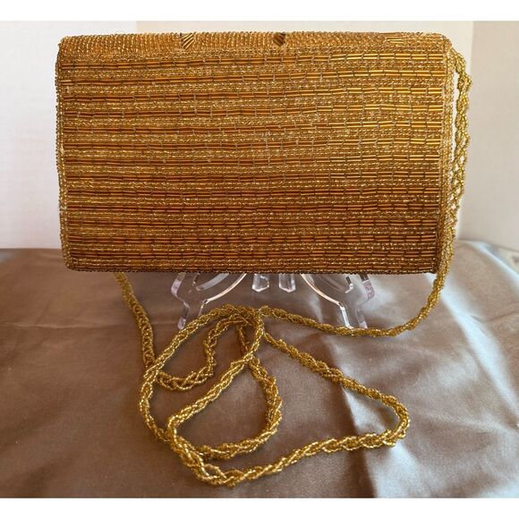 1950s Gold Glass Bead Handbag – Art Deco Leaf Design, Chain Strap - Picture 1 of 8